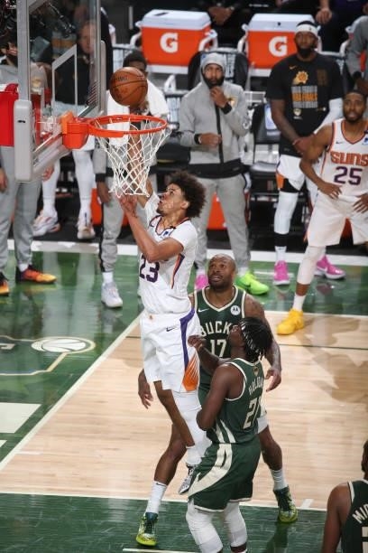 Cameron Johnson of the Phoenix Suns shoots the ball during the game against the Milwaukee Bucks during Game Three of the 2021 NBA Finals on July 11,...