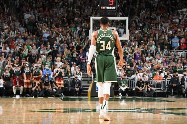 Giannis Antetokounmpo of the Milwaukee Bucks looks on during the game against the Phoenix Suns during Game Three of the 2021 NBA Finals on July 11,...
