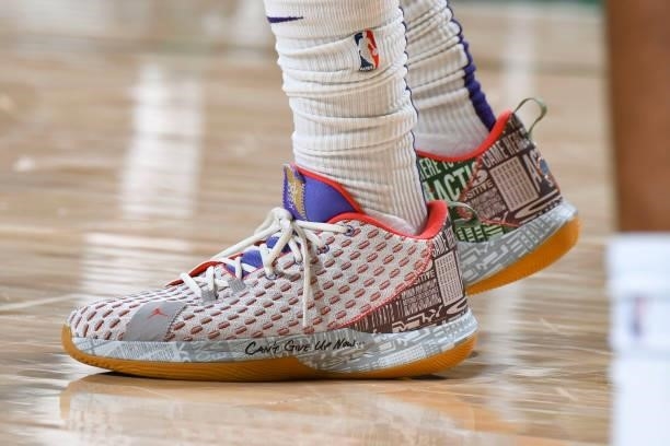 The sneakers worn by Chris Paul of the Phoenix Suns during the game against the Milwaukee Bucks during Game Three of the 2021 NBA Finals on July 11,...