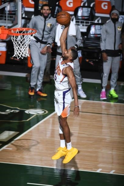 July 11: Mikal Bridges of the Phoenix Suns dunks the ball against the Milwaukee Bucks during Game Three of the 2021 NBA Finals on July 11, 2021 at...