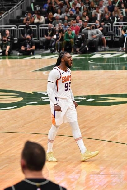 Jae Crowder of the Phoenix Suns reacts during Game Three of the 2021 NBA Finals on July 11, 2021 at Fiserv Forum in Milwaukee, Wisconsin. NOTE TO...