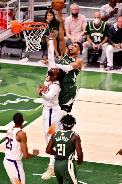 July 11: Giannis Antetokounmpo of the Milwaukee Bucks shoots the ball against the Phoenix Suns during Game Three of the 2021 NBA Finals on July 11,...
