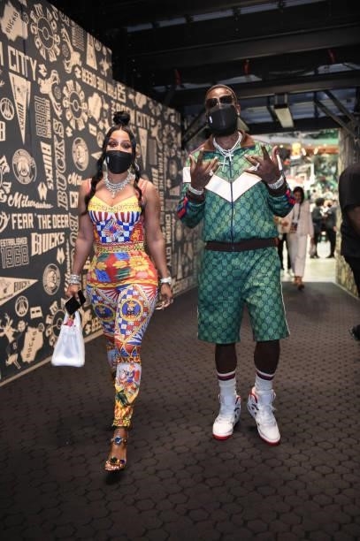 Rapper Gucci Mane and his wife Keyshia Davis takes in the game of the Phoenix Suns against the Milwaukee Bucks during Game Three of the 2021 NBA...