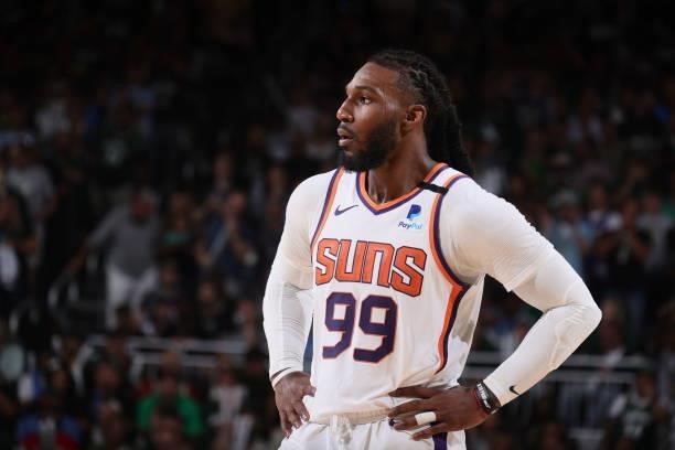 Jae Crowder of the Phoenix Suns looks on during Game Three of the 2021 NBA Finals on July 11, 2021 at the Fiserv Forum Center in Milwaukee,...