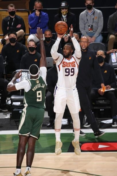 Jae Crowder of the Phoenix Suns shoots the ball during the game against the Milwaukee Bucks during Game Three of the 2021 NBA Finals on July 11, 2021...