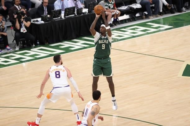 Bobby Portis of the Milwaukee Bucks shoots the ball during the game against the Phoenix Suns during Game Three of the 2021 NBA Finals on July 11,...