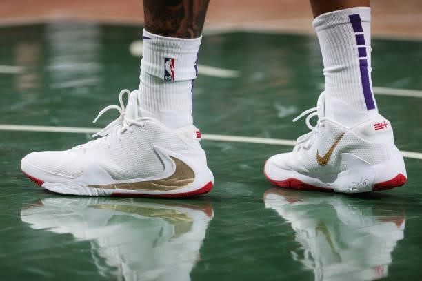 The sneakers of Cameron Payne of the Phoenix Suns during Game Three of the 2021 NBA Finals on July 11, 2021 at the Fiserv Forum Center in Milwaukee,...