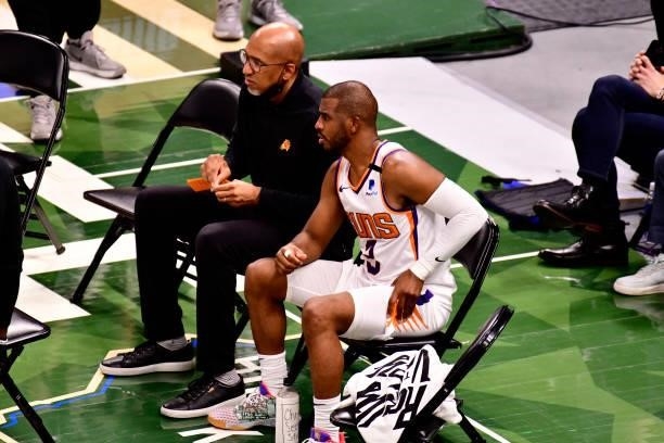 July 11: Head Coach Monty Williams of the Phoenix Suns talks with Chris Paul of the Phoenix Suns during Game Three of the 2021 NBA Finals on July 11,...