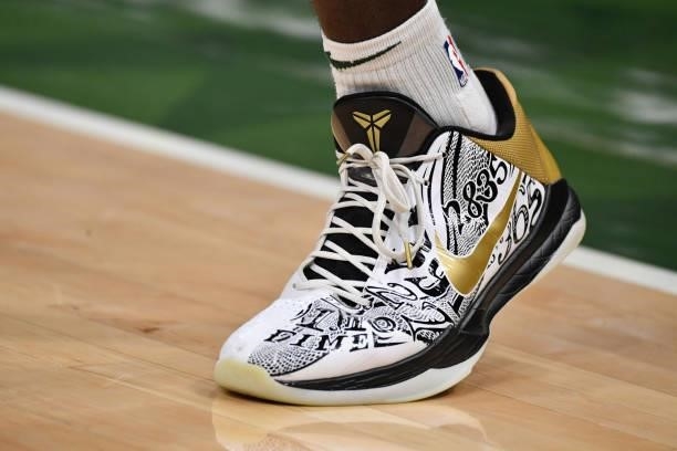 The sneakers worn by Bobby Portis of the Milwaukee Bucks during Game Three of the 2021 NBA Finals on July 11, 2021 at Fiserv Forum in Milwaukee,...