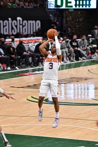 Chris Paul of the Phoenix Suns shoots the ball against the Milwaukee Bucks during Game Three of the 2021 NBA Finals on July 11, 2021 at Fiserv Forum...