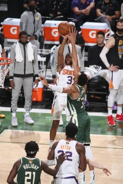 Chris Paul of the Phoenix Suns shoots the ball during the game against the Milwaukee Bucks during Game Three of the 2021 NBA Finals on July 11, 2021...