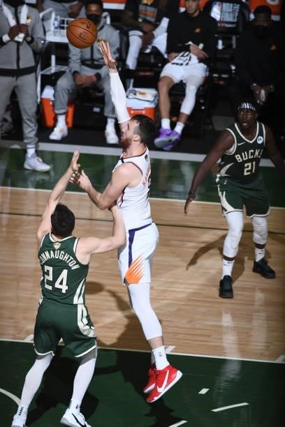 July 11: Frank Kaminsky of the Phoenix Suns shoots the ball against the Milwaukee Bucks during Game Three of the 2021 NBA Finals on July 11, 2021 at...