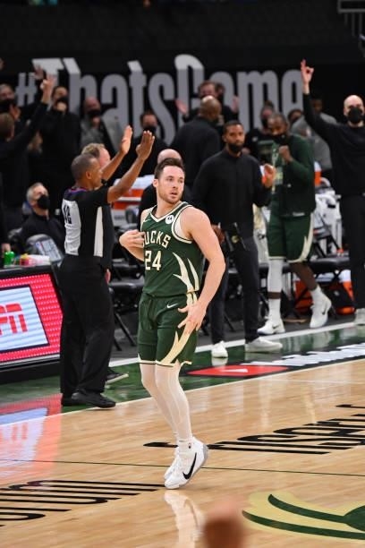 Pat Connaughton of the Milwaukee Bucks reacts during Game Three of the 2021 NBA Finals on July 11, 2021 at Fiserv Forum in Milwaukee, Wisconsin. NOTE...