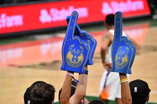 Close up view of Milwaukee Bucks foam fingers used by fans during Game Three of the 2021 NBA Finals on July 11, 2021 at Fiserv Forum in Milwaukee,...