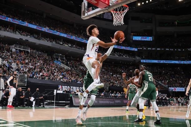 Cameron Johnson of the Phoenix Suns shoots the ball against the Milwaukee Bucks during Game Three of the 2021 NBA Finals on July 11, 2021 at the...