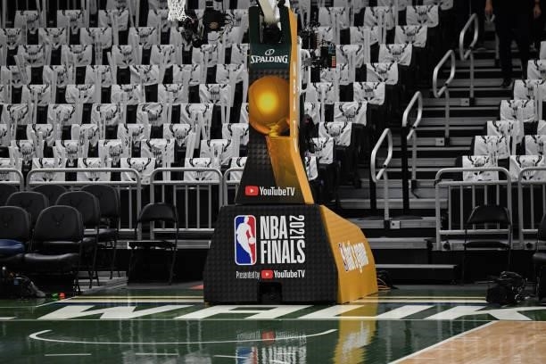 View of signage during Game Three of the 2021 NBA Finals on July 11, 2021 at Fiserv Forum in Milwaukee, Wisconsin. NOTE TO USER: User expressly...