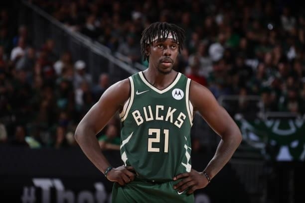 Jrue Holiday of the Milwaukee Bucks looks on during Game Three of the 2021 NBA Finals on July 11, 2021 at the Fiserv Forum Center in Milwaukee,...
