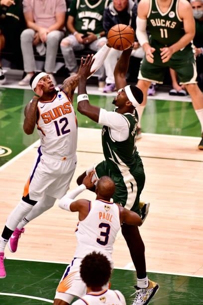 July 11: Bobby Portis of the Milwaukee Bucks drives to the basket against the Phoenix Suns during Game Three of the 2021 NBA Finals on July 11, 2021...