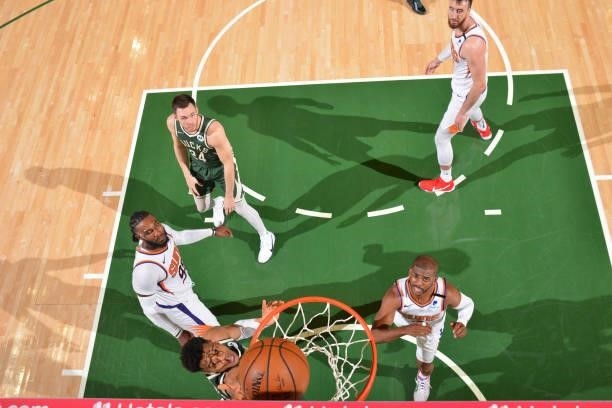Giannis Antetokounmpo of the Milwaukee Bucks shoots the ball against the Phoenix Suns during Game Three of the 2021 NBA Finals on July 11, 2021 at...
