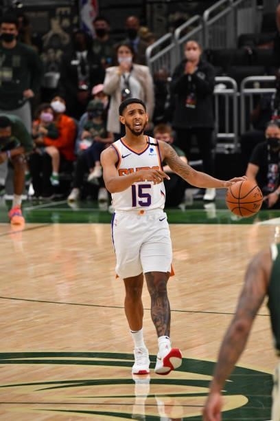 Cameron Payne of the Phoenix Suns handles the ball against the Milwaukee Bucks during Game Three of the 2021 NBA Finals on July 11, 2021 at Fiserv...