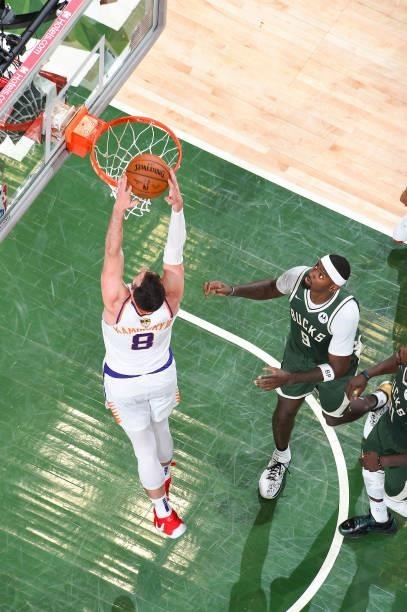 Frank Kaminsky of the Phoenix Suns dunks the ball during the game against the Milwaukee Bucks during Game Three of the 2021 NBA Finals on July 11,...