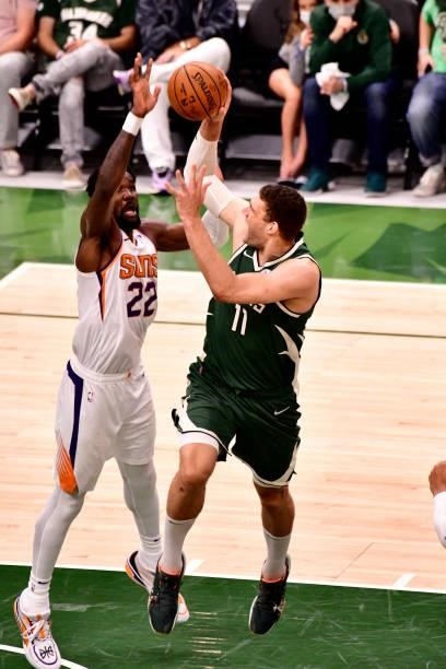 July 11: Brook Lopez of the Milwaukee Bucks shoots the ball against the Phoenix Suns during Game Three of the 2021 NBA Finals on July 11, 2021 at the...