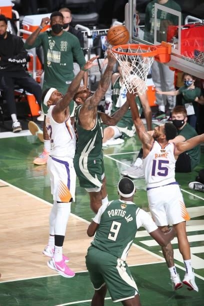 Tucker of the Milwaukee Bucks shoots the ball during the game against the Phoenix Suns during Game Three of the 2021 NBA Finals on July 11, 2021 at...