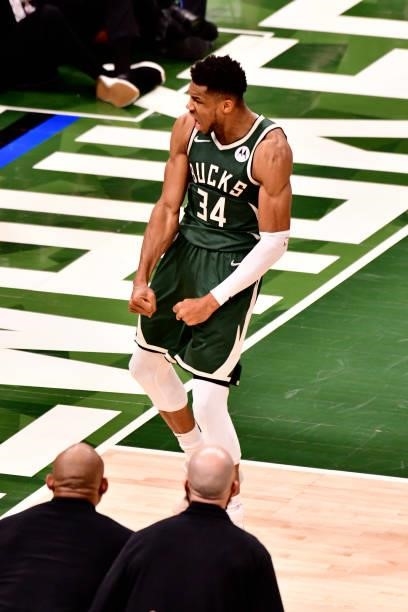 July 11: Giannis Antetokounmpo of the Milwaukee Bucks celebrates during Game Three of the 2021 NBA Finals on July 11, 2021 at the Fiserv Forum Center...