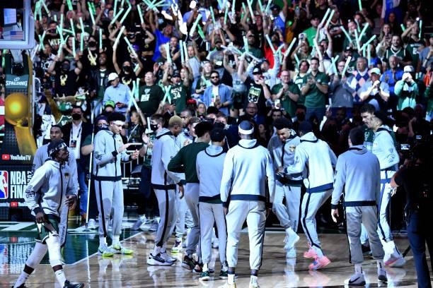 The Milwaukee Bucks huddle up during Game Three of the 2021 NBA Finals on July 11, 2021 at Fiserv Forum in Milwaukee, Wisconsin. NOTE TO USER: User...