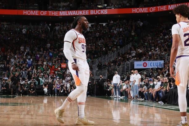 Jae Crowder of the Phoenix Suns celebrates during Game Three of the 2021 NBA Finals on July 11, 2021 at the Fiserv Forum Center in Milwaukee,...