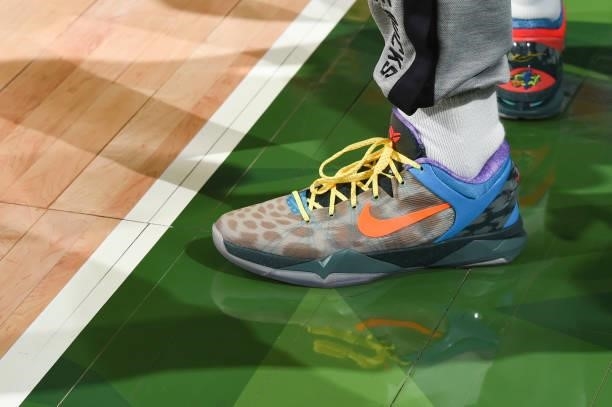 The sneakers worn by P.J. Tucker of the Milwaukee Bucks before the game against the Phoenix Suns during Game Three of the 2021 NBA Finals on July 11,...
