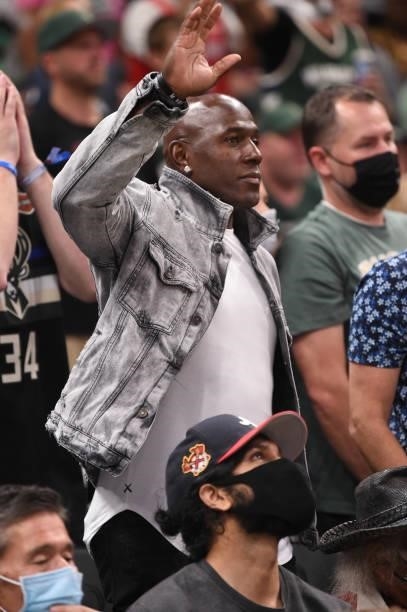 Green Bay Packer Legend Donald Driver takes in the game of the Phoenix Suns against the Milwaukee Bucks during Game Three of the 2021 NBA Finals on...