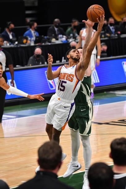 Cameron Payne of the Phoenix Suns shoots the ball against the Milwaukee Bucks during Game Three of the 2021 NBA Finals on July 11, 2021 at Fiserv...