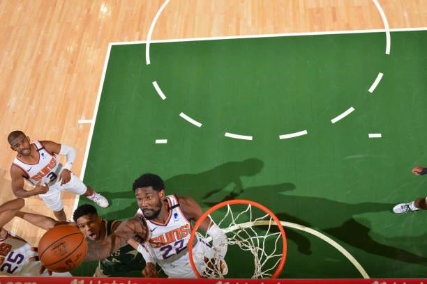 Deandre Ayton of the Phoenix Suns fights for the rebound against the Milwaukee Bucks during Game Three of the 2021 NBA Finals on July 11, 2021 at...