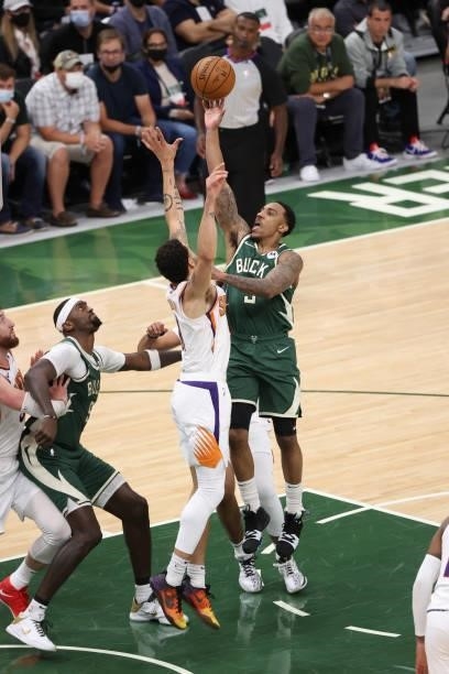 Jeff Teague of the Milwaukee Bucks shoots the ball during the game against the Phoenix Suns during Game Three of the 2021 NBA Finals on July 11, 2021...
