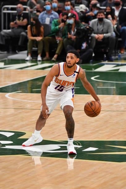 Cameron Payne of the Phoenix Suns handles the ball against the Milwaukee Bucks during Game Three of the 2021 NBA Finals on July 11, 2021 at Fiserv...