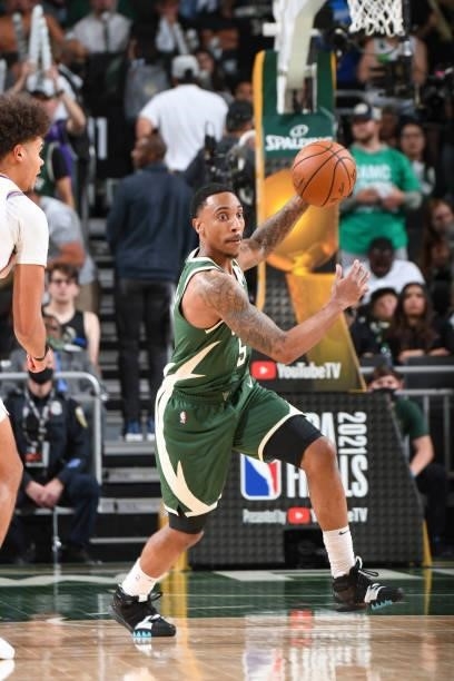 Jeff Teague of the Milwaukee Bucks handles the ball during the game against the Phoenix Suns during Game Three of the 2021 NBA Finals on July 11,...
