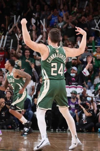 Pat Connaughton of the Milwaukee Bucks celebrates during Game Three of the 2021 NBA Finals on July 11, 2021 at the Fiserv Forum Center in Milwaukee,...