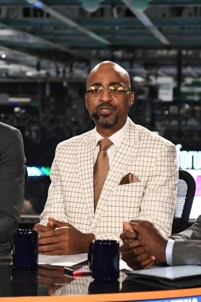 July 11: NBATV analyst, Dennis Scott looks on after Game Three of the 2021 NBA Finals on July 11, 2021 at the Fiserv Forum Center in Milwaukee,...