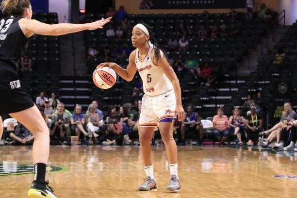 Shey Peddy of the Phoenix Mercury handles the ball against the Seattle Storm on July 11, 2021 at the Angel of the Winds Arena, in Everett,...
