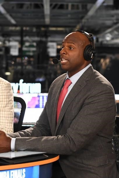 July 11: NBATV analyst, Brendan Haywood looks on after Game Three of the 2021 NBA Finals on July 11, 2021 at the Fiserv Forum Center in Milwaukee,...