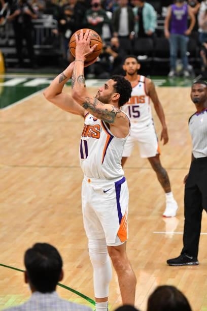 Abdel Nader of the Phoenix Suns shoots the ball against the Milwaukee Bucks during Game Three of the 2021 NBA Finals on July 11, 2021 at Fiserv Forum...