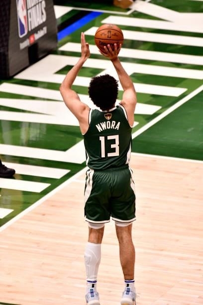 July 11: Jordan Nwora of the Milwaukee Bucks shoots the ball against the Phoenix Suns during Game Three of the 2021 NBA Finals on July 11, 2021 at...
