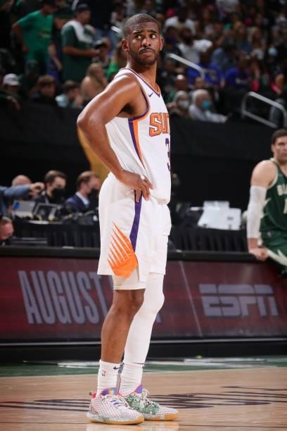 Chris Paul of the Phoenix Suns looks on during Game Three of the 2021 NBA Finals on July 11, 2021 at the Fiserv Forum Center in Milwaukee, Wisconsin....