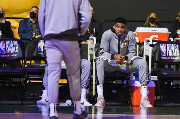 Giannis Antetokounmpo of the Milwaukee Bucks looks on before the game against the Phoenix Suns during Game Three of the 2021 NBA Finals on July 11,...