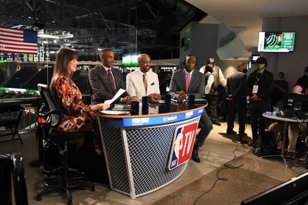 July 11: NBATV analysts, Kristen Ledlow, Grant Hill, Dennis Scott and Brendan Haywood look on after Game Three of the 2021 NBA Finals on July 11,...