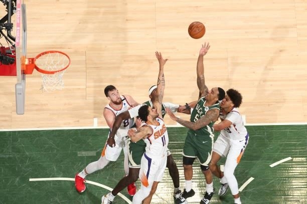 Jeff Teague of the Milwaukee Bucks shoots the ball against the Phoenix Suns during Game Three of the 2021 NBA Finals on July 11, 2021 at the Fiserv...