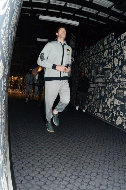 Brook Lopez of the Milwaukee Bucks runs on to the court before the game against the Phoenix Suns during Game Three of the 2021 NBA Finals on July 11,...