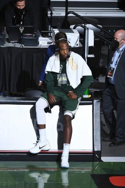 July 11: Khris Middleton of the Milwaukee Bucks looks on after Game Three of the 2021 NBA Finals on July 11, 2021 at the Fiserv Forum Center in...