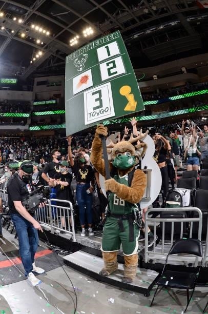 Mascot, Bango of the Milwaukee Bucks cheers after the game against the Phoenix Suns during Game Three of the 2021 NBA Finals on July 11, 2021 at the...